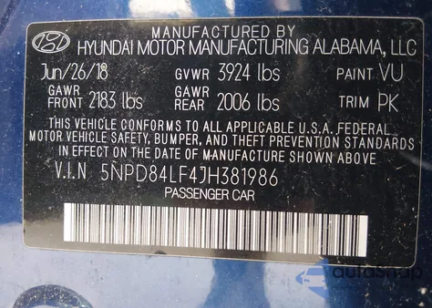 2018 Hyundai Elantra Sel z USA, uszkodzony, nr VIN 5NPD84LF4JH381986